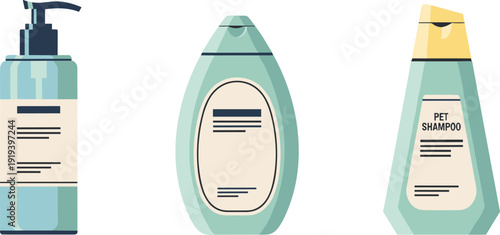 Collection of three modern cosmetic bottles with minimalist labels on white background