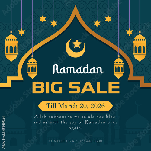 Ramadan big sale banner with mosque arch, stars, and lanterns, till March 20, 2026. isolated on Transparent Background