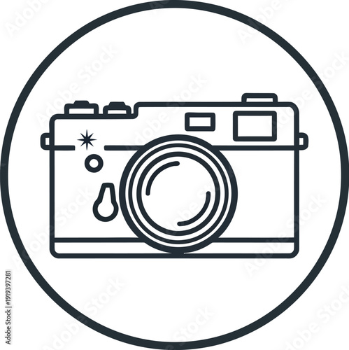 Simple black and white outline icon depicting a classic rangefinder style film camera enclosed within a perfect circular border representing photography concept or visual media art