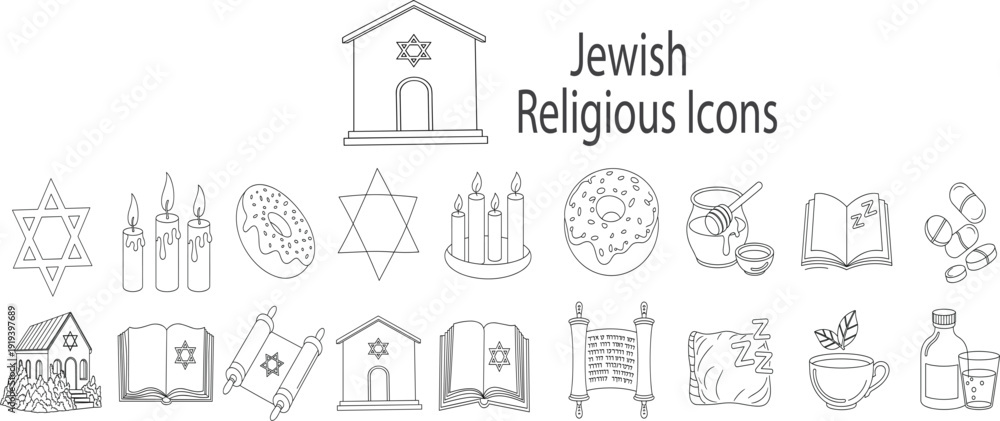 Fototapeta premium Minimalist vector line art set of Jewish religious icons including Hanukkah candles and Torah scrolls