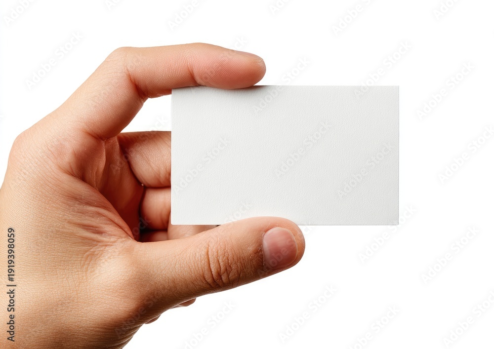 Obraz premium A hand holds a blank rectangular card, likely a business card, against a white backdrop
