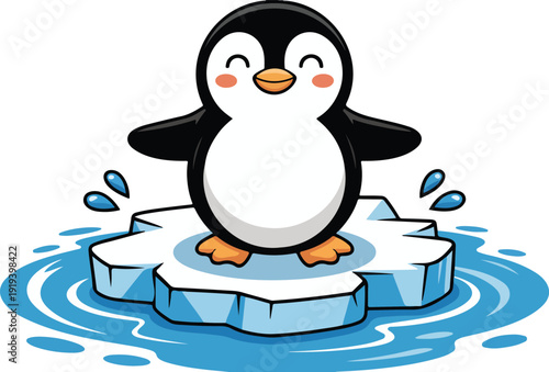 A cute cartoon illustration of a penguin standing on a melting ice floe in blue water.