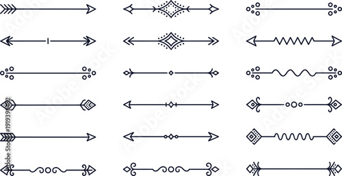 Decorative arrow dividers icons set with ornamental line separators vintage vector illustration collection for graphic design and decoration elements