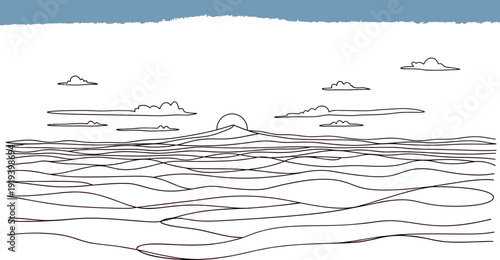 Minimalist abstract depiction of a vivid orange desert landscape featuring rolling sand dunes under a bright sunrise with simple outline clouds in the vast blue sky