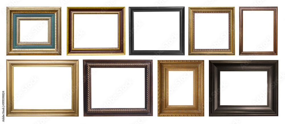 Φωτογραφία Set of assorted classic empty picture frames with wood and gold textures