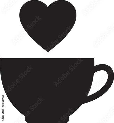 Minimalist black icon of a coffee cup and heart for love or romance