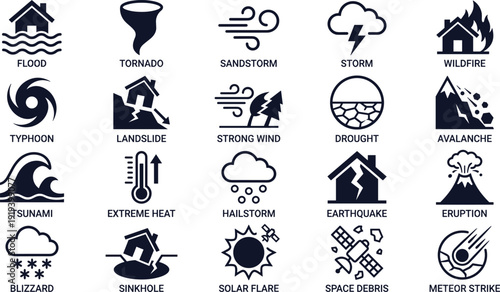 Natural disaster icons set with flood tornado earthquake wildfire storm vector illustration collection for emergency warning and climate safety design