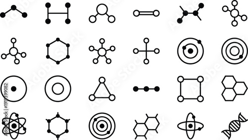 Minimal chemistry molecule icons set, atomic structure symbols, science elements, orbit diagrams, vector scientific illustration isolated on white background collection design