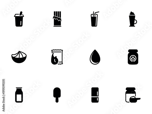 Collection of Solid Black Icons Related to Food Beverage and Nutrition Products