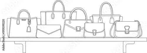 Collection of various fashionable handbag styles including totes satchels and clutches elegantly displayed together in a simple clean outline drawing suitable for fashion design.