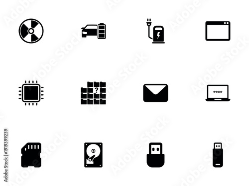 Set of Solid Black Icons Covering Digital Media Storage and Computer Security