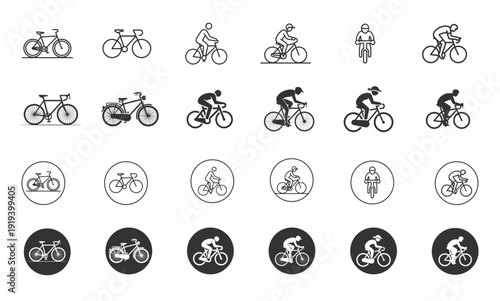 Bicycle and Cyclist Line & Solid Icon Set. Road Bike, Rider Silhouette, Front View, Circle Icons.
