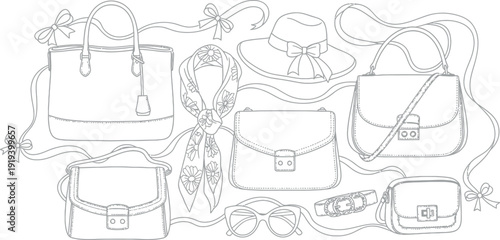 Collection of various stylish women's accessories featuring handbags hats scarves sunglasses and belts for fashion coloring book design outlines