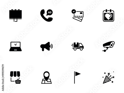 Set of Solid Black Icons Covering E-commerce Logistics and Location Services