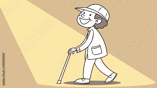 A person with a white cane is smiling, with the sun in the background and a shadow cast on the ground.
