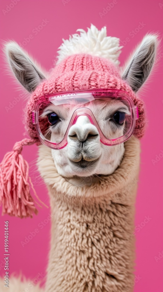 Obraz premium A funny alpaca wearing pink glasses and a pom-pom hat will be an original element for children's magazines or a cheerful background on social media, lifting the spirits of viewers.