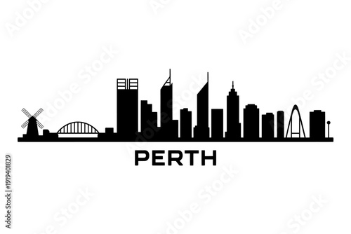 Perth city skyline with windmill and bridge silhouette graphic design element