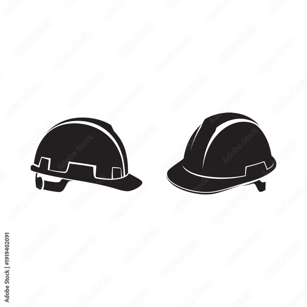 Fototapeta premium Two black silhouettes of construction hard hats against a white background