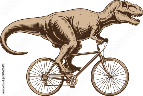 A vintage-style engraving illustration of a T-Rex dinosaur riding a bicycle.