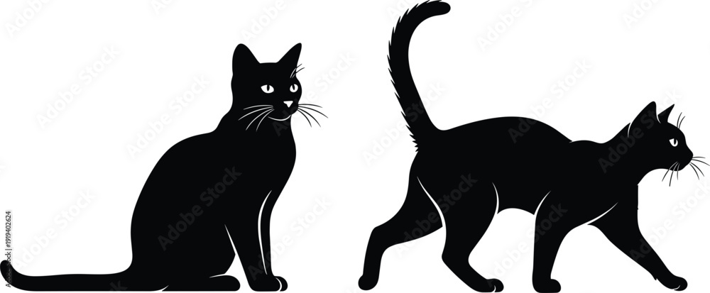 Εκτύπωση καμβά Set of two sleek black cat silhouettes sitting and walking vector illustration i