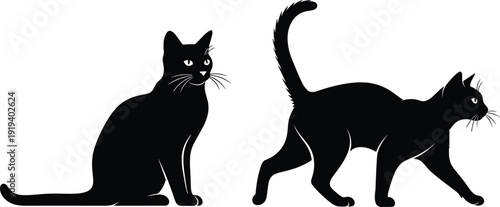 Set of two sleek black cat silhouettes sitting and walking vector illustration isolated on white background