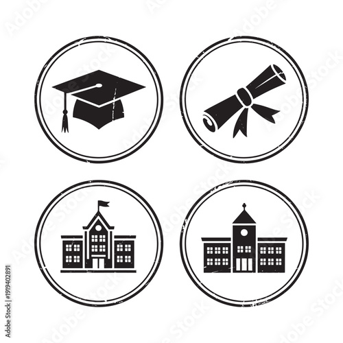 Photos Four circular icons representing education graduation cap diploma and university