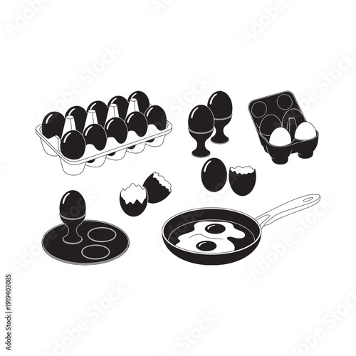 Black and white illustration of eggs carton and cooking elements