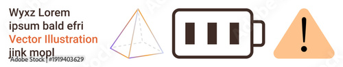 Technology, energy efficiency, warning signals, design concepts, tutorials, education. Symbols including battery, alert triangle geometric pyramid corner. Technology and energy efficiency ideas