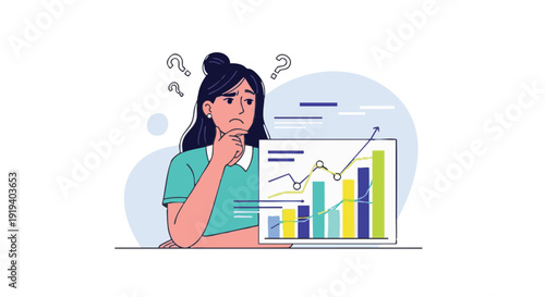 Woman analyzing colorful business graphs on laptop screen with thoughtful expression in flat design for marketing presentation