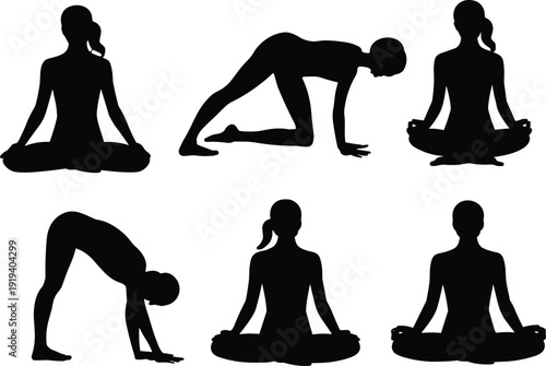 Yoga silhouette woman poses collection showing meditation stretching and fitness exercises healthy lifestyle practice isolated on white background