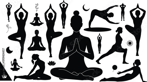 Yoga silhouette woman poses collection showing meditation balance stretching mindfulness and spiritual practice symbols for wellness healthy lifestyle isolated on white background