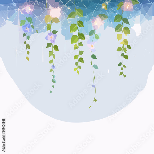 Delicate hanging morning glories with shimmering dewdrops, a serene floral display