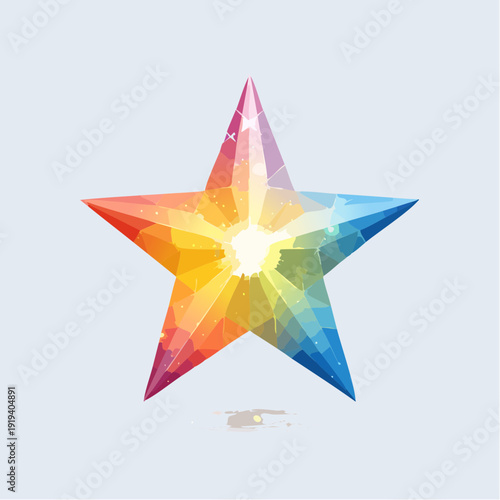 Vibrant geometric five-pointed star illustration with a radiant, colorful faceted design and bright light burst from the center
