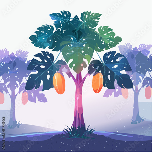 Artistic Rendering of Papaya Trees with Hanging Fruits Amidst a Serene and Mystical Environment, Showcasing Bountiful Nature