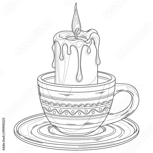 Candle  in a cup.Coloring book antistress for children and adults.