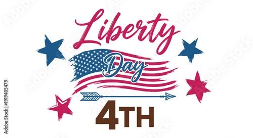Patriotic Liberty Day 4th of July vector graphic, American flag design with stars and text. Created in colorful style with red, white, and blue palette.