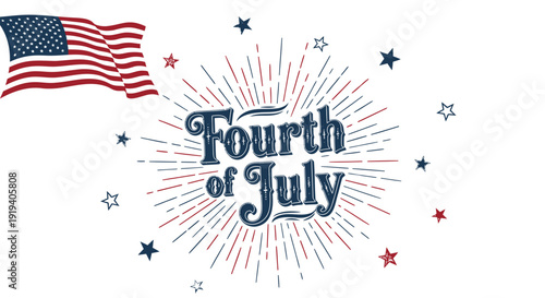Patriotic Fourth of July celebration graphic with American flag and fireworks, isolated on transparent background