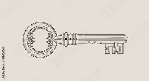 Ornate Vintage Skeleton Key Illustration. Elegant antique silver metal key concept for access, security, solution, mystery, and success.
