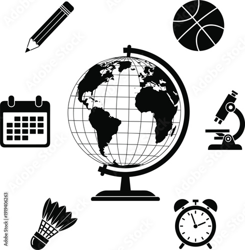 Educational and science research concept vector illustration featuring a terrestrial globe surrounded by microscope pencil calendar alarm clock basketball and shuttlecock icons.