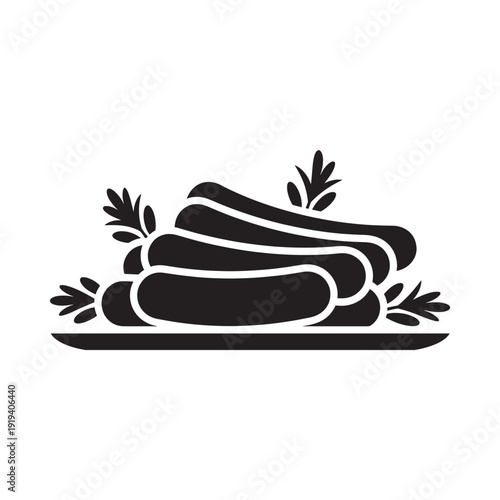 Black and white illustration of sausages on a platter with garnish