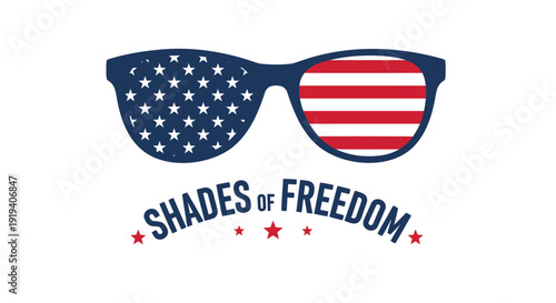 Patriotic sunglasses icon with American flag design and 'Shades of Freedom' text, isolated on transparent background.