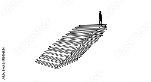 Silhouette of individual standing atop a tall, precarious stack of paper representing business challenge, long journey, or career ascension goals.