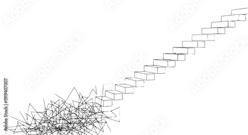 Abstract minimalist line art illustration depicting a structured staircase ascending from a chaotic tangled mess representing confusion overcoming challenges to achieve success