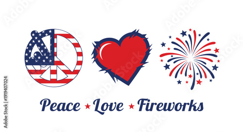 American Independence Day icon collection. Includes peace, love, fireworks, and patriotic symbols. Created in colorful style with red, white, and blue palette.