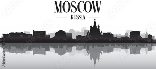 Black and white panoramic poster of the city skyline with misty background buildings and water reflection of MOSCOW, RUSSIA