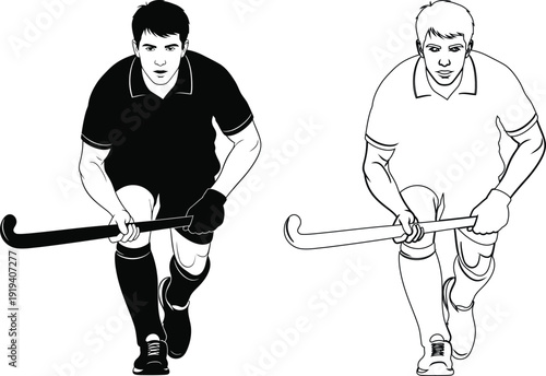 Two hockey players demonstrating different field hockey techniques in action