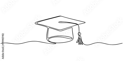 graduation cap continuous one line drawing, Minimalist continuous one line drawing of a graduation cap with tassel for academic success concept, Continuous line drawing of a graduation cap and diploma