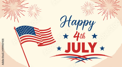 American Independence Day greeting card with fireworks and flag, isolated on transparent background