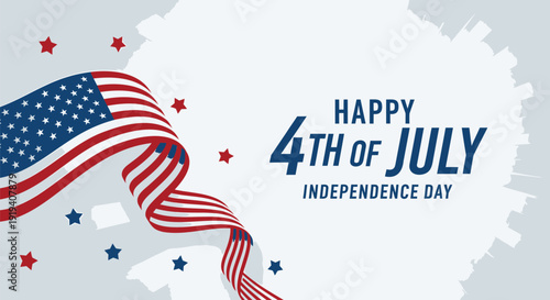 Patriotic 4th of July celebration vector graphic with American flag and stars. Includes Happy 4th of July text and Independence Day label. Created in colorful style with red, white