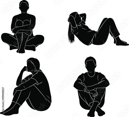 Seated silhouette illustration, contemplative posture vector, faceless people sitting, emotional pose design, minimal black figure art, stock concept
